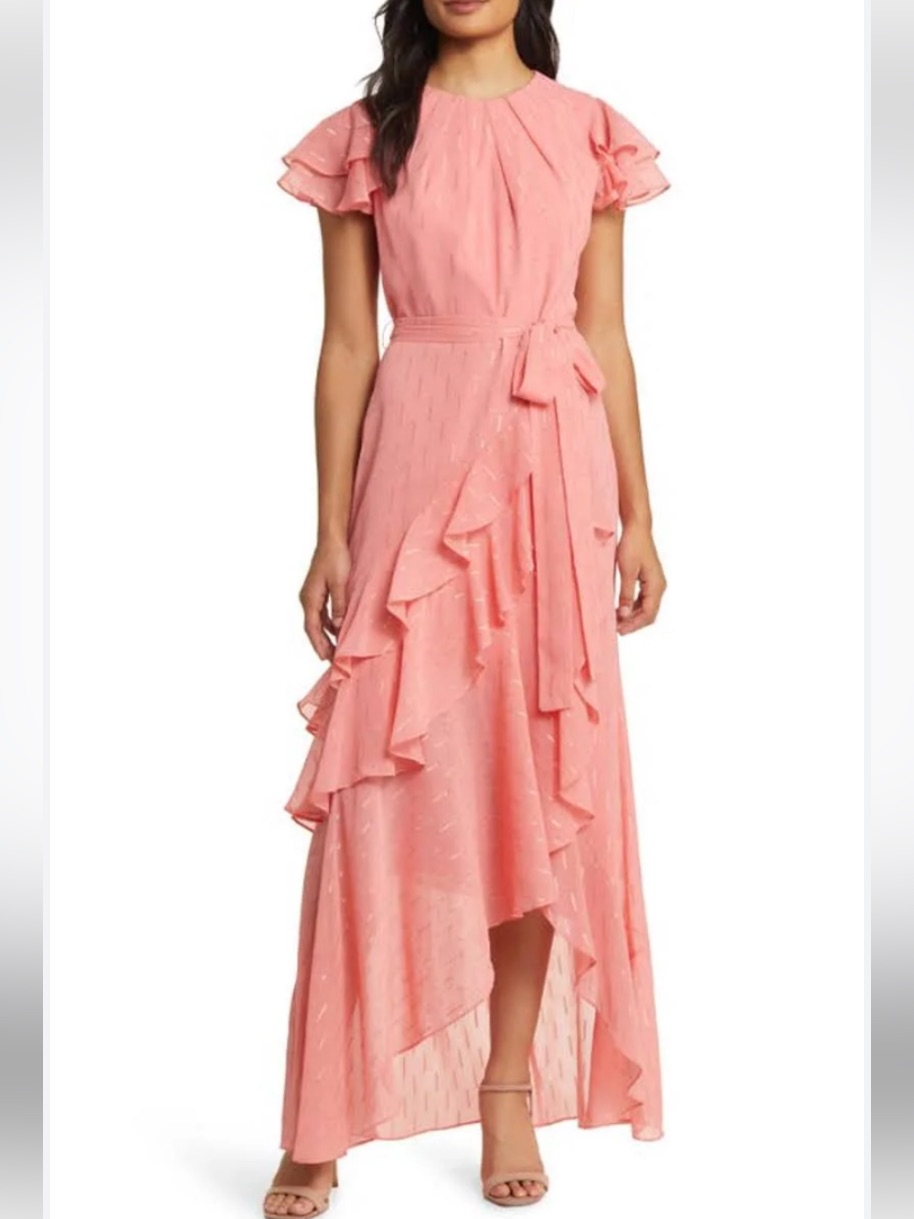 Nwt Eliza J Metallic Ruffle Fil Coupe High Low Maxi Dress In Rose